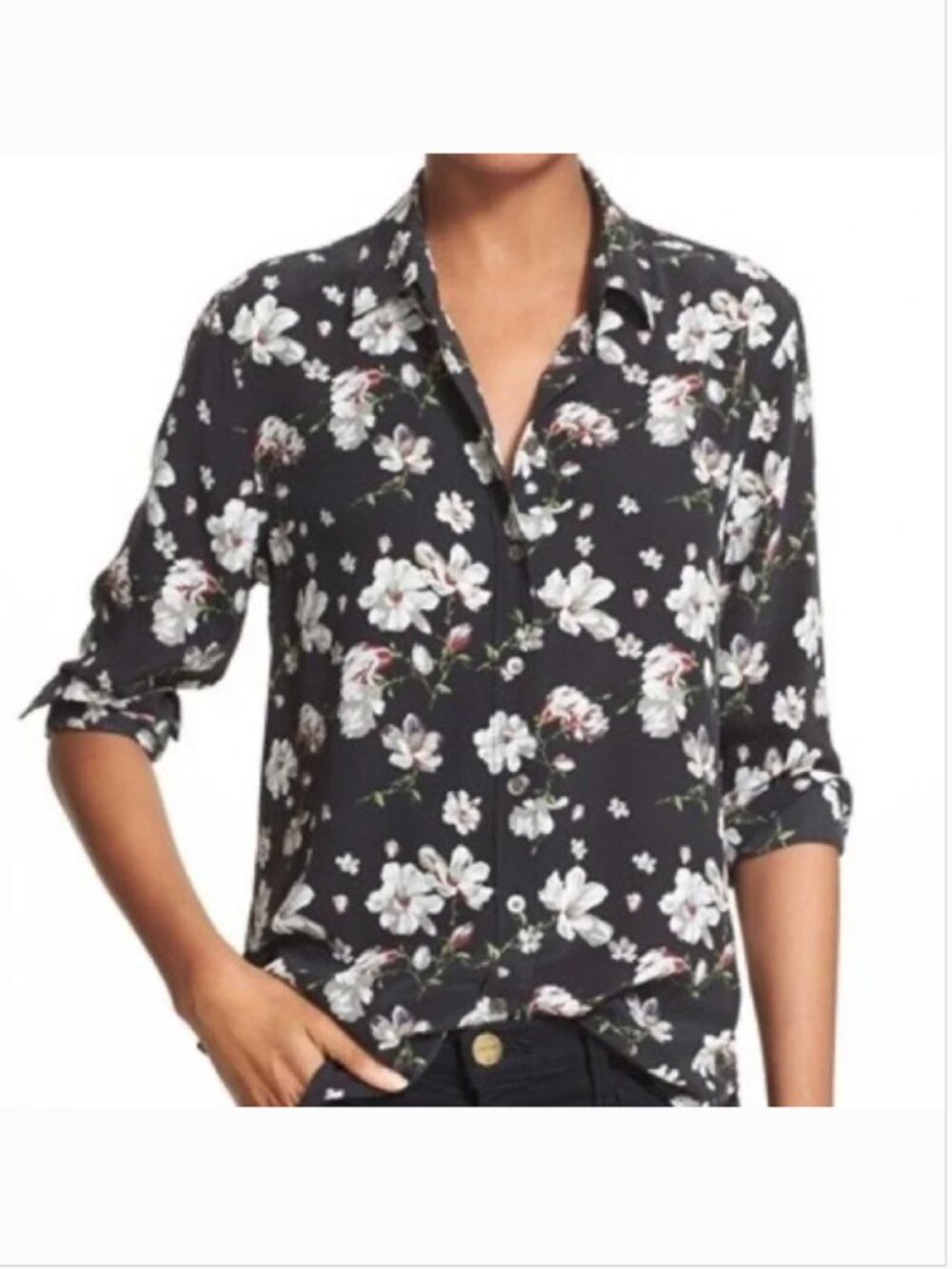 Equipment Femme Leema Black Floral Print 100% Silk Blouse Size L Romantic Chic - Picture 3 of 8